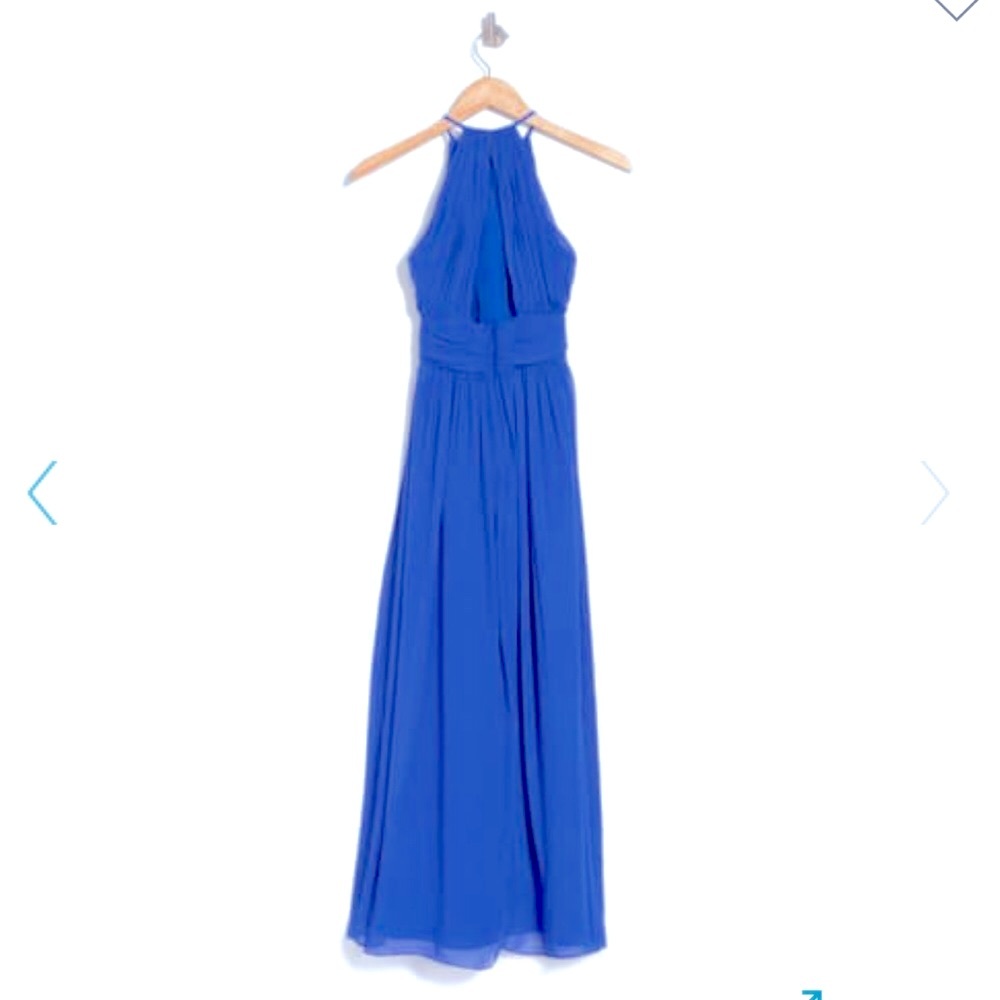 NWT JUNIOR GIRLS Dessy Girl Royal Blue Sapphire Luxe Chiffon Maxi Halter Dress